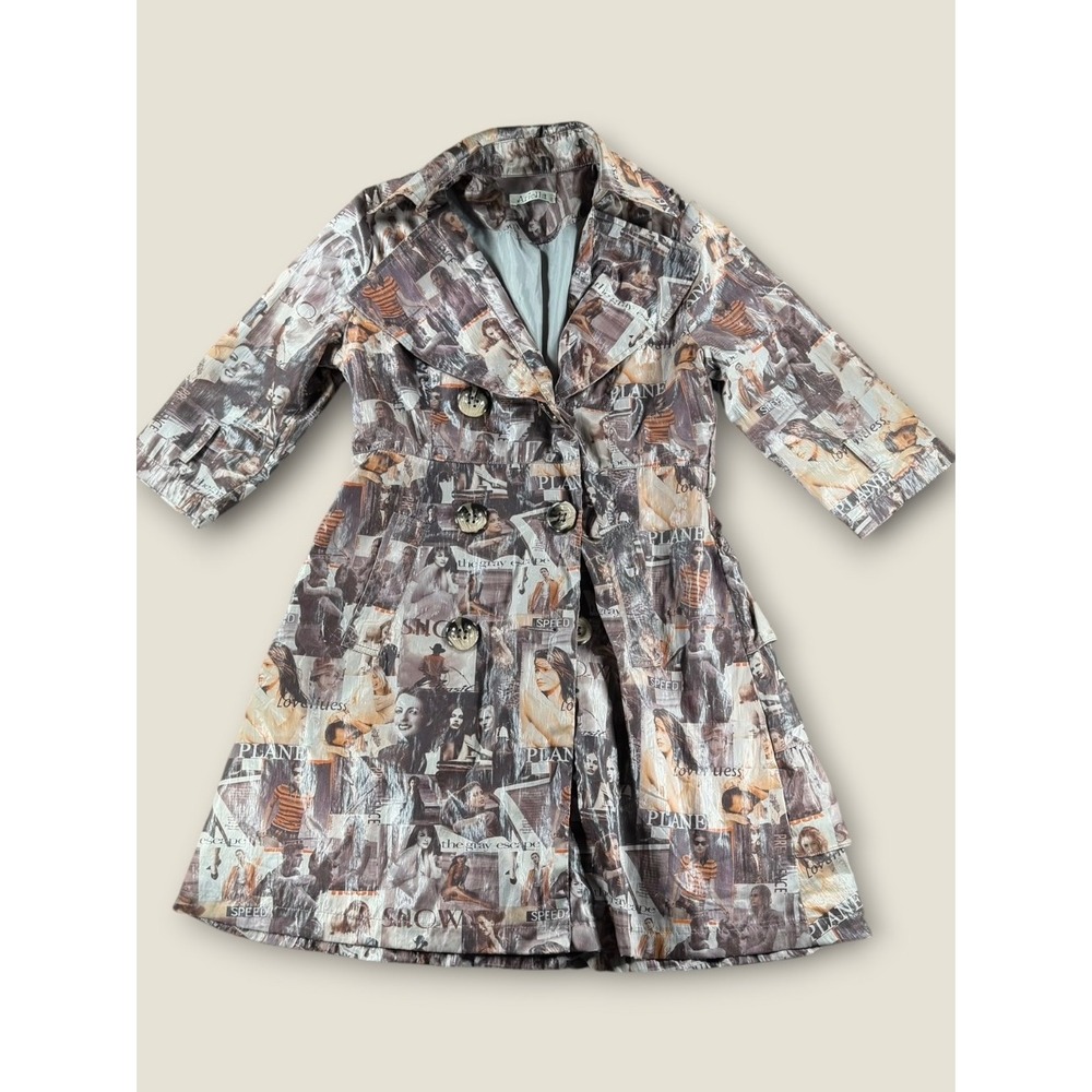 Ariella Newspaper Print Ruffle Trench Coat Women Small Collage Double Breasted